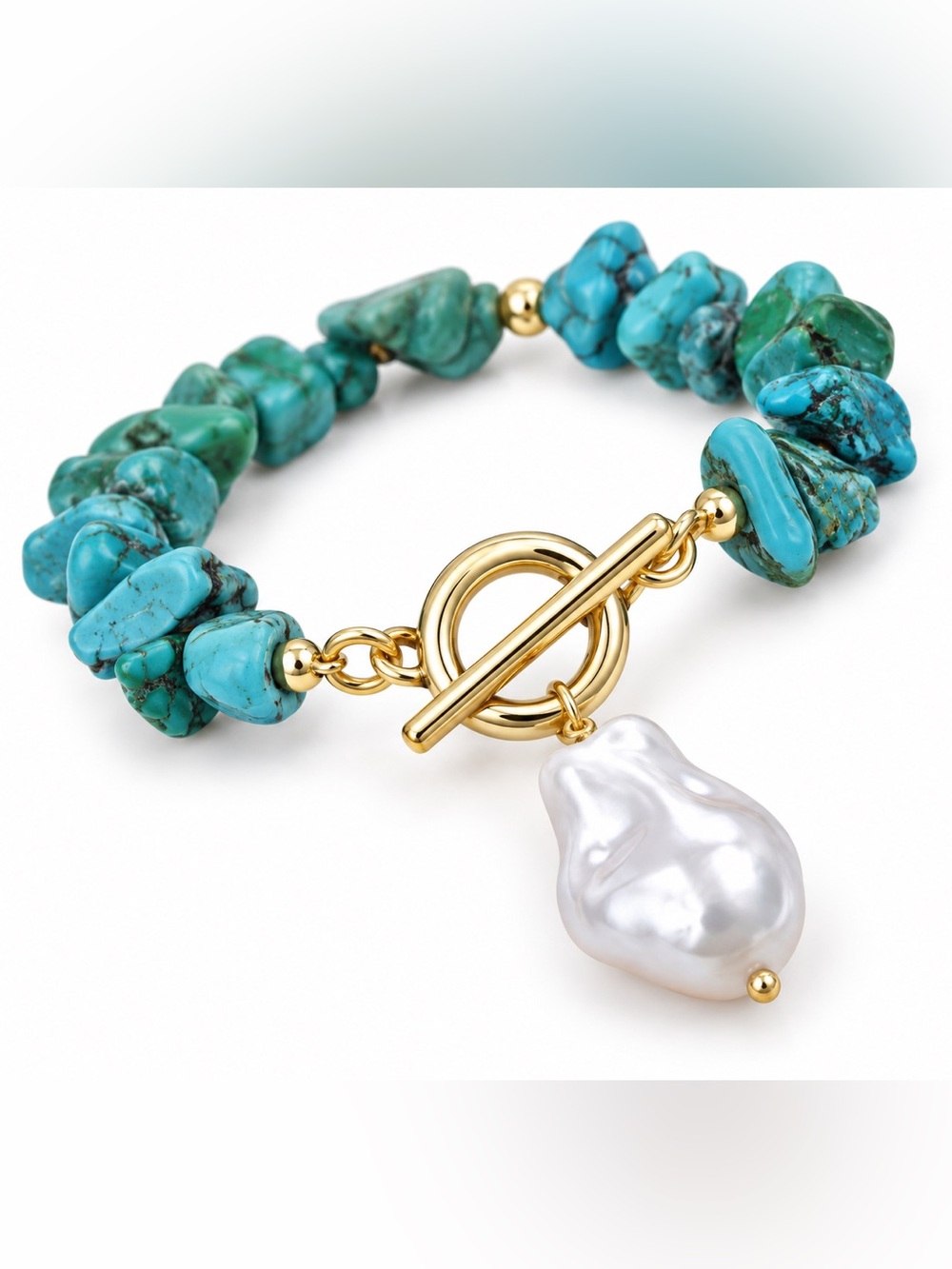 Gold Toggle Turquoise Chip Bracelet with Baroque Pearl
